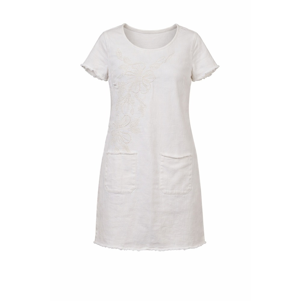 Nanette Lepore White Embroidered Denim Dress Medium Boho Raw Hem Pockets Shift
